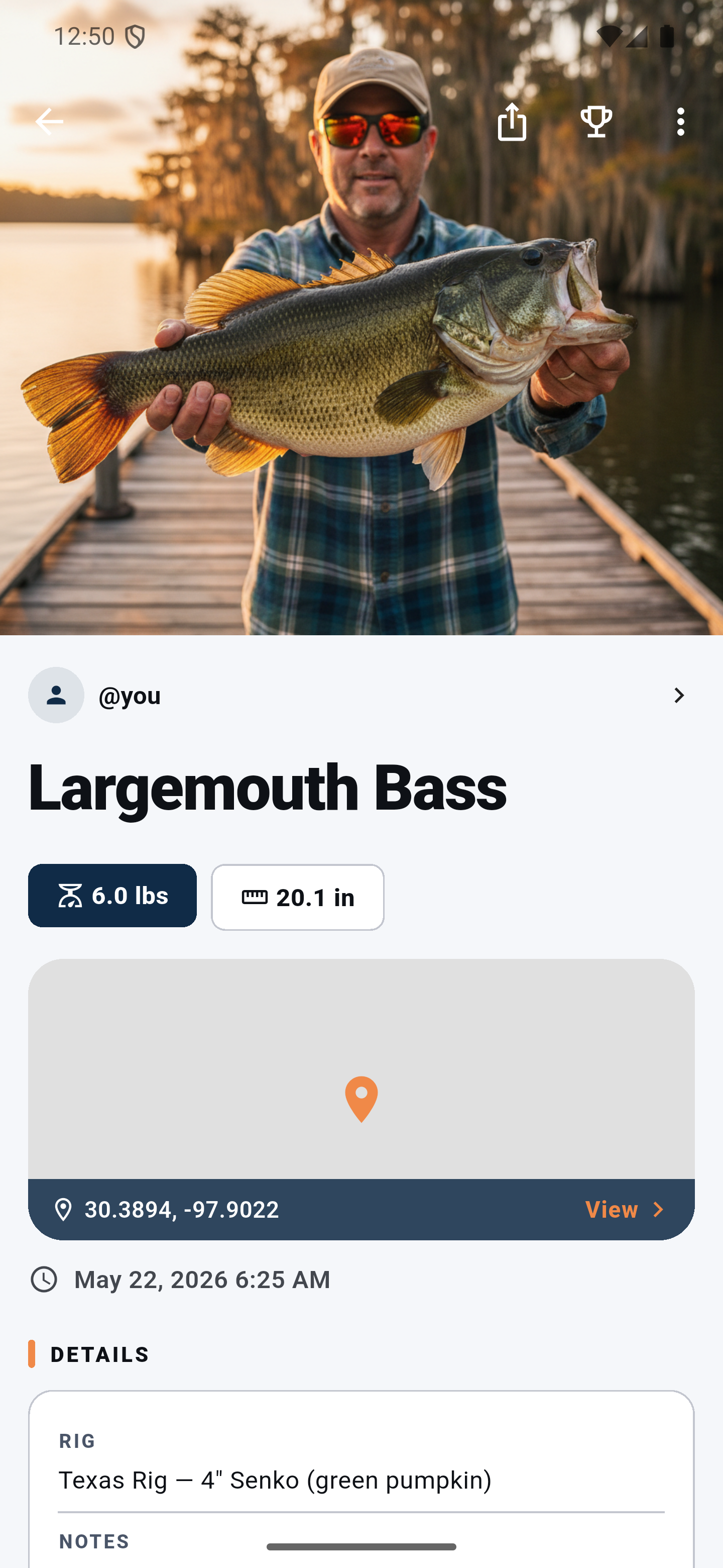 Catch detail screen showing fish species, weight, and photo