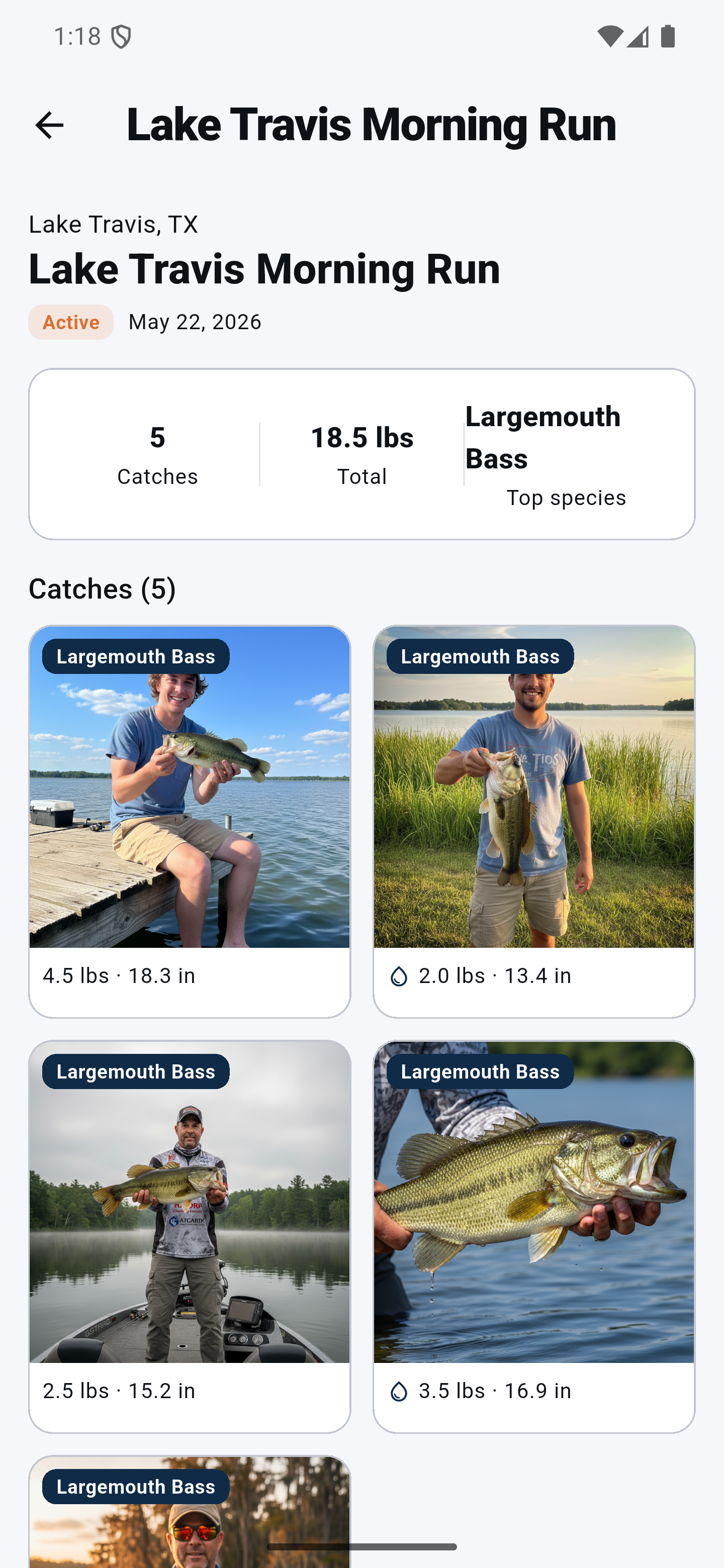 Trip summary with photo grid and catch statistics